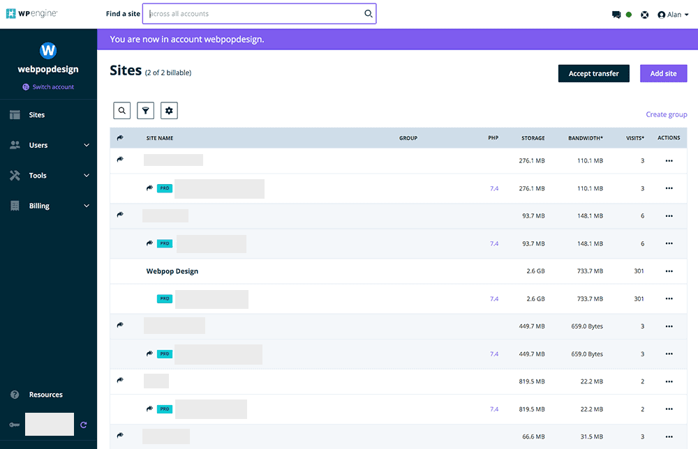 WP Engine Dashboard