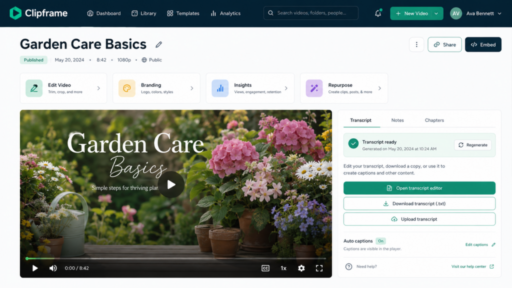 Video dashboard interface with transcript controls and captions settings for accessible media content.