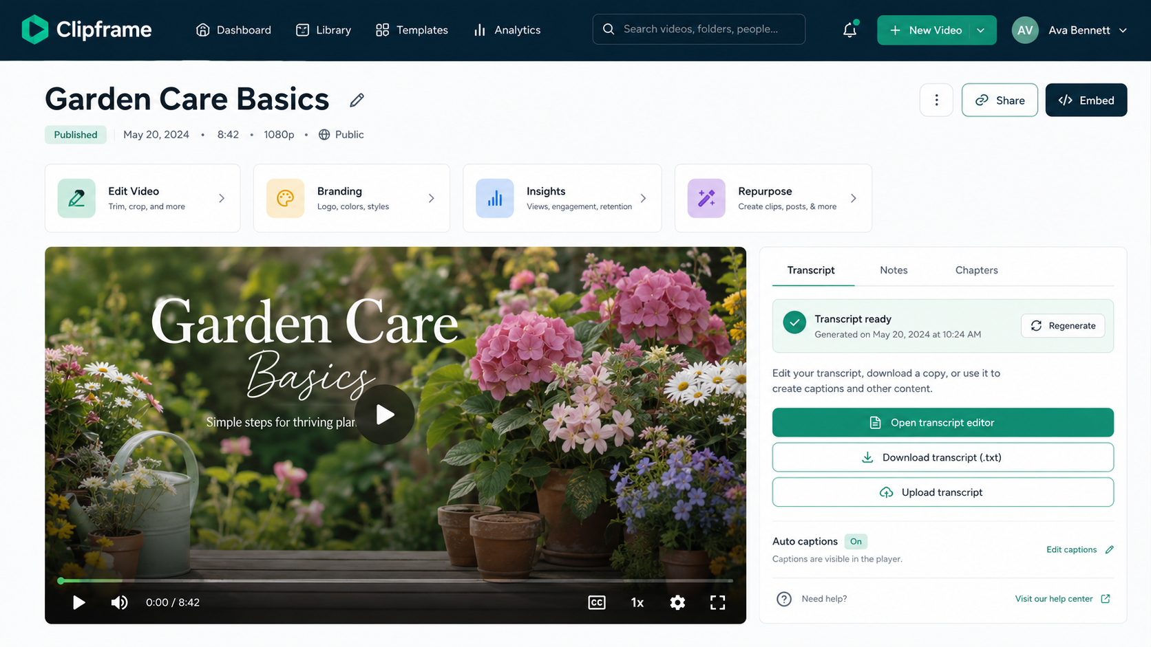 Video dashboard interface with transcript controls and captions settings for accessible media content.