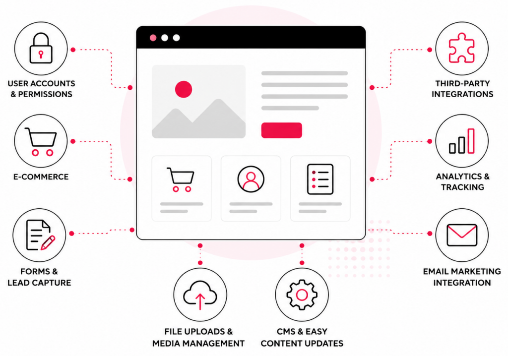 Website functionality and integrations diagram showing ecommerce, user accounts, CMS management, search filters, payment gateway, analytics and connected tools