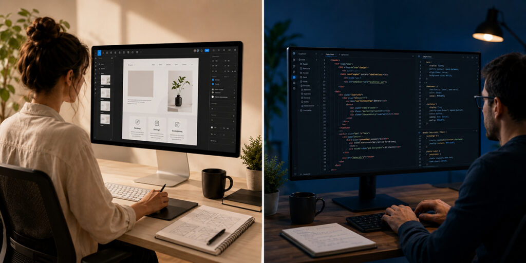 Web design vs web development comparison showing design, UX, code, CMS and performance elements.