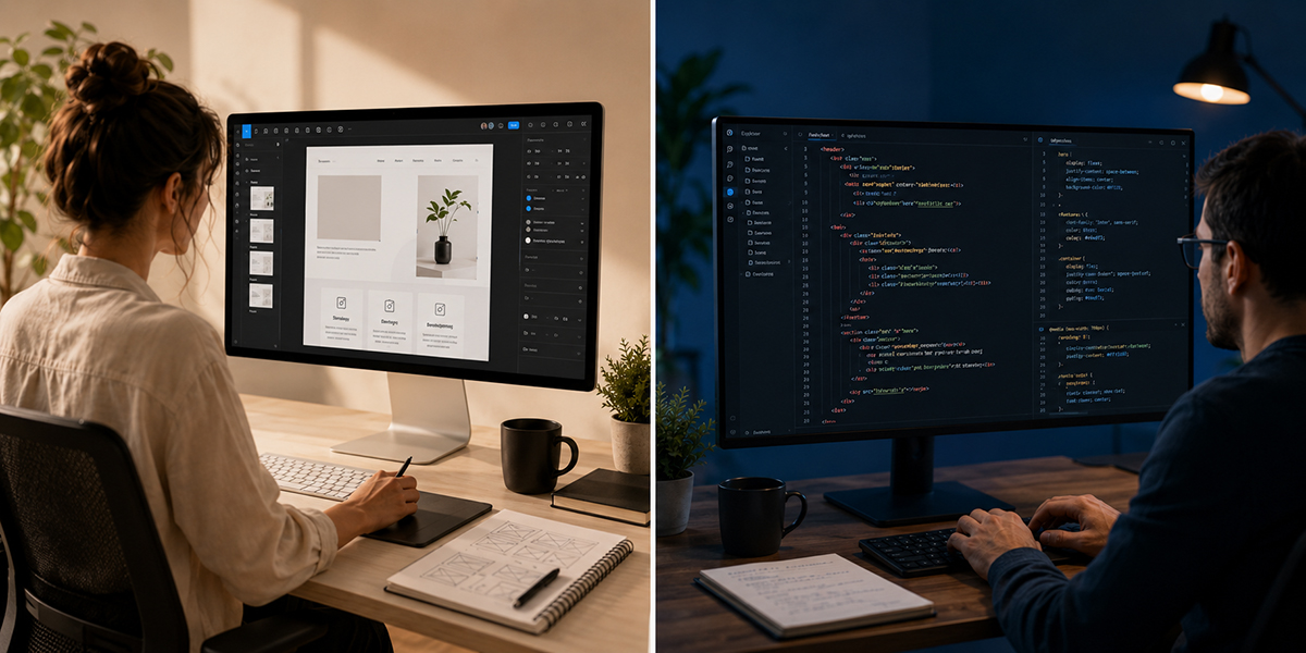 Web design vs web development comparison showing design, UX, code, CMS and performance elements.