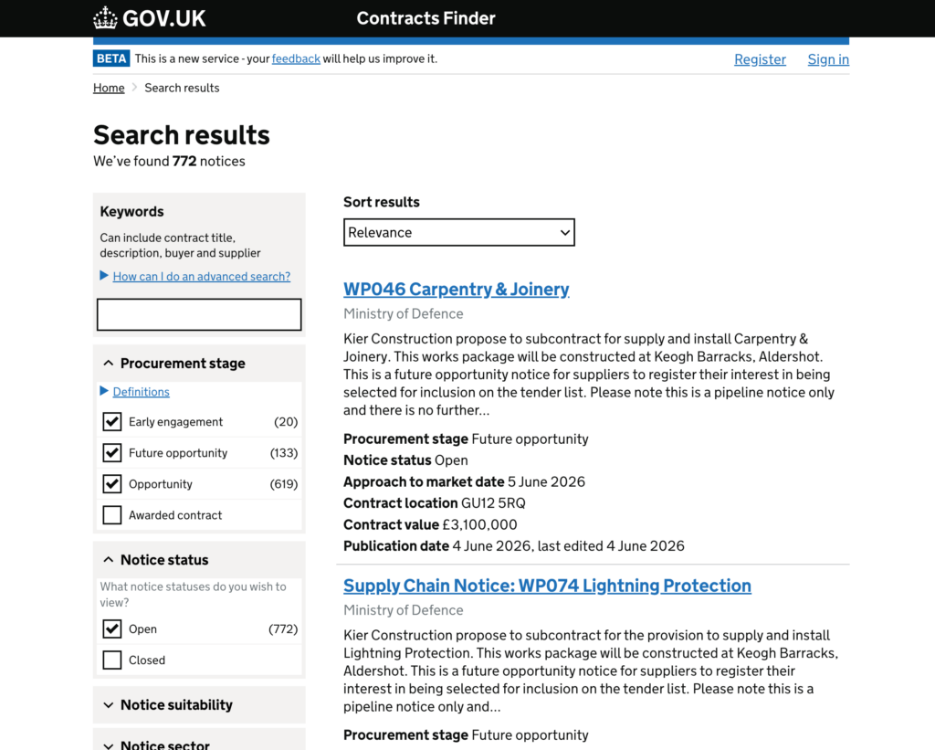 GOV.UK Contracts Finder screenshot showing public sector contract opportunities