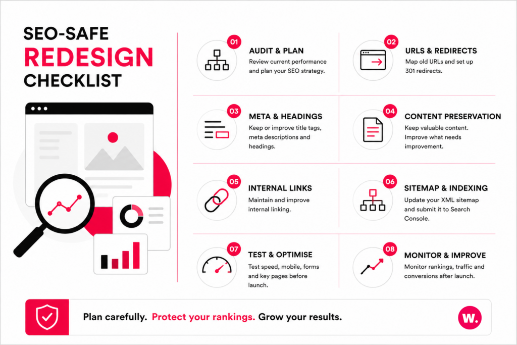 SEO-safe website redesign checklist covering URLs, redirects, metadata, content, internal links, sitemaps and testing