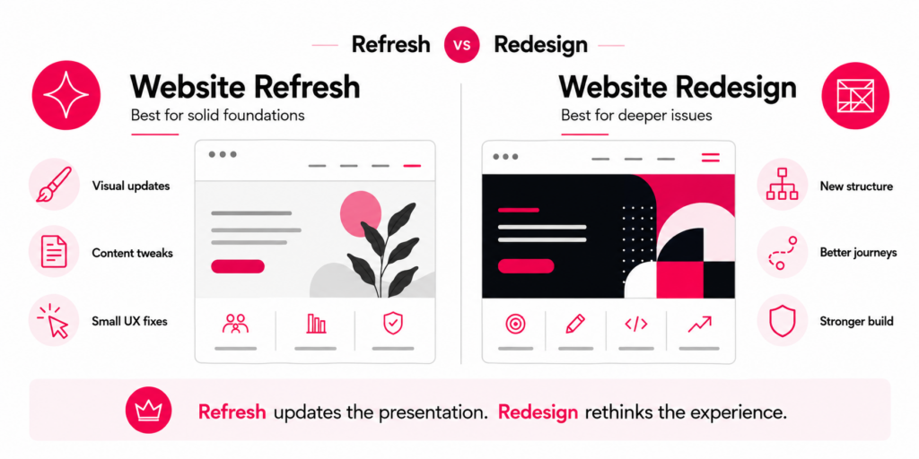 Website refresh vs website redesign comparison showing visual updates, content tweaks, new structure and improved user journeys