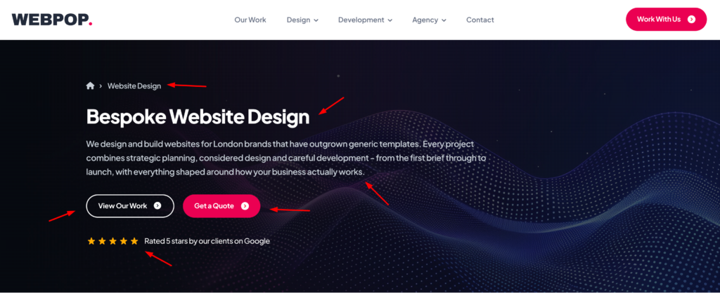 Annotated Webpop Design homepage above-the-fold section with headline, CTAs and review rating