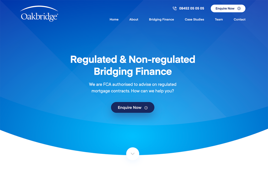 Oakbridge bridging finance homepage with headline, navigation and enquiry button