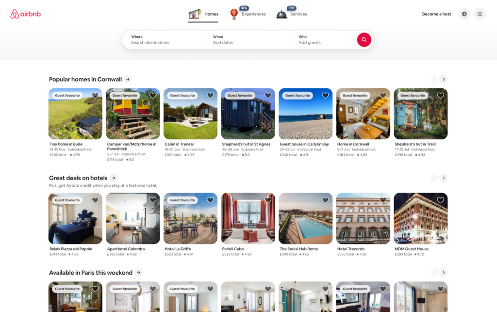 Airbnb homepage screenshot showing a soft website colour palette and clear search interface.