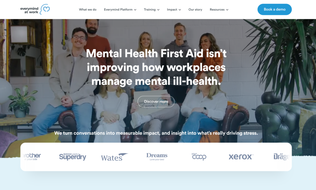 Everymind at Work homepage showing blue colour palette and demo call-to-action.