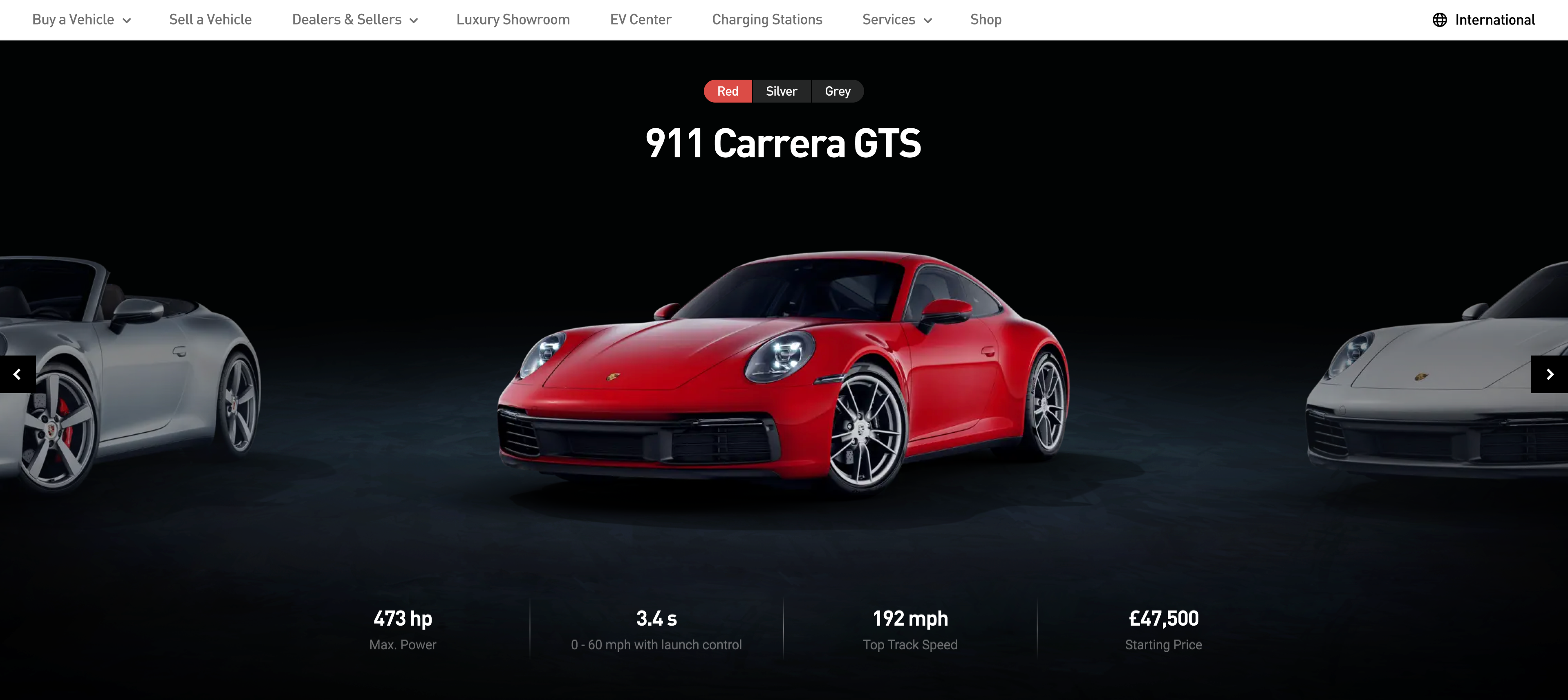 Silicon Motors vehicle page hero showing a Porsche, key stats and starting price above the fold.