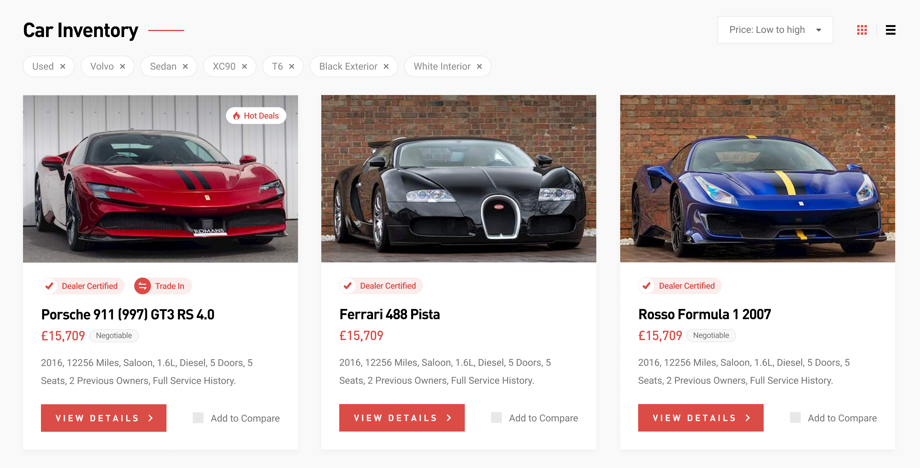 Silicon Motors car inventory page showing vehicle cards, active filters, sorting and view controls.
