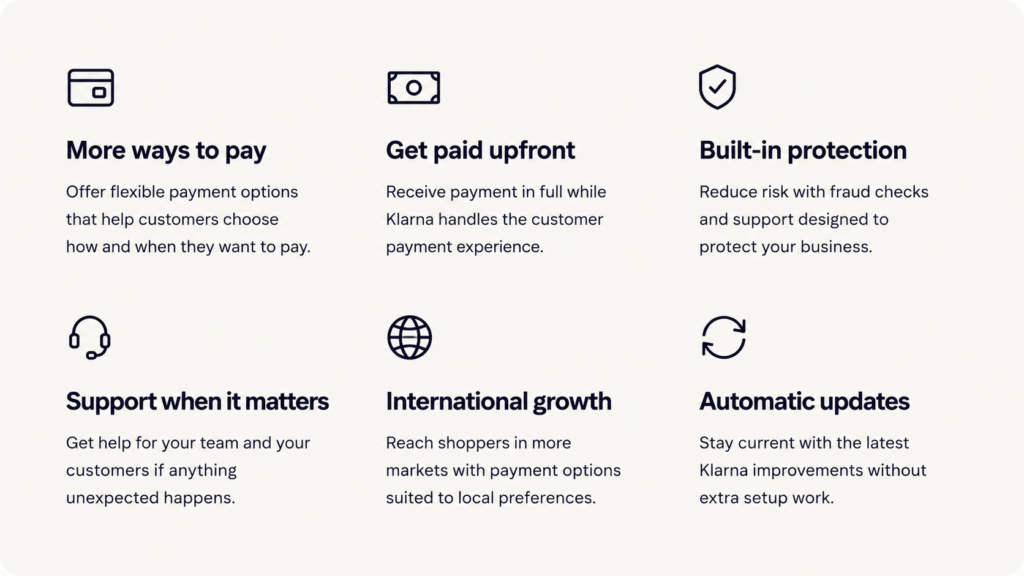 Klarna WooCommerce benefits section showing flexible payments, upfront payment and seller protection