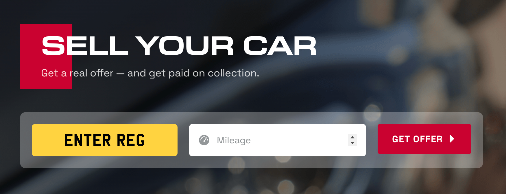 Motorflog sell your car section with registration, mileage and get offer fields.