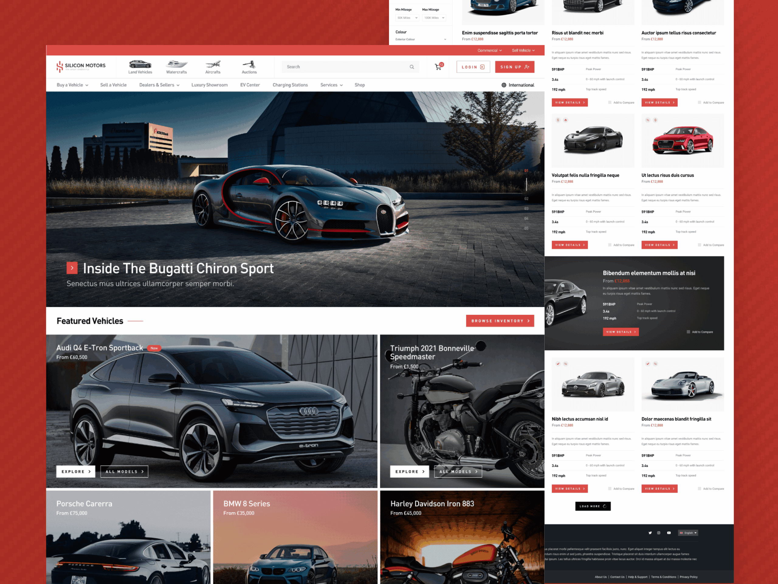 Silicon Motors website screens showing homepage design, vehicle cards and inventory layouts.
