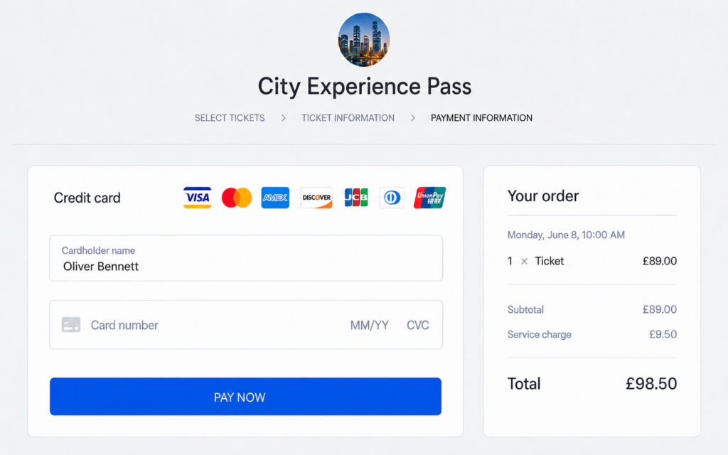 WooCommerce checkout mockup showing card payment details, GBP order total and payment summary