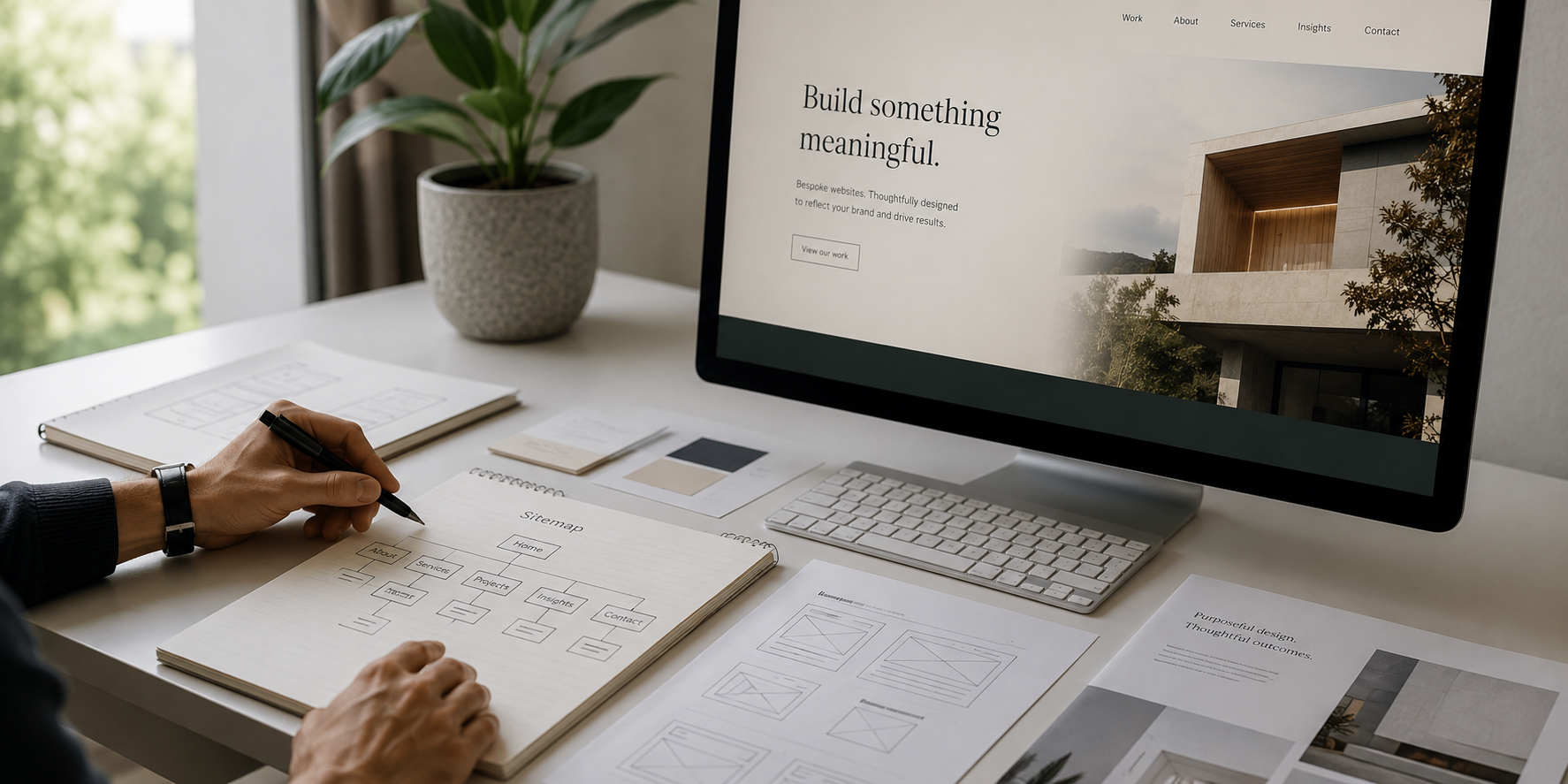Bespoke web design planning with sitemap sketches, wireframes and a finished website concept on screen