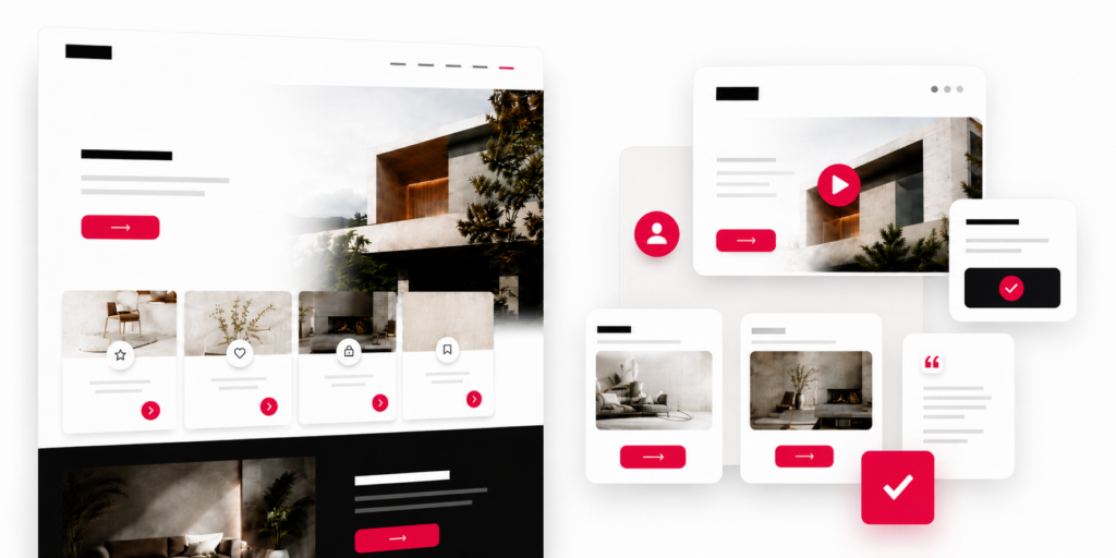 Modern bespoke website interface with overlapping user journey cards and conversion-focused design elements