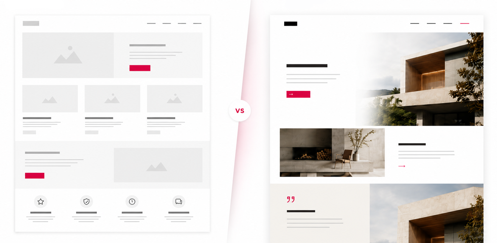 Split-screen comparison of a basic template website and a more flexible bespoke website design