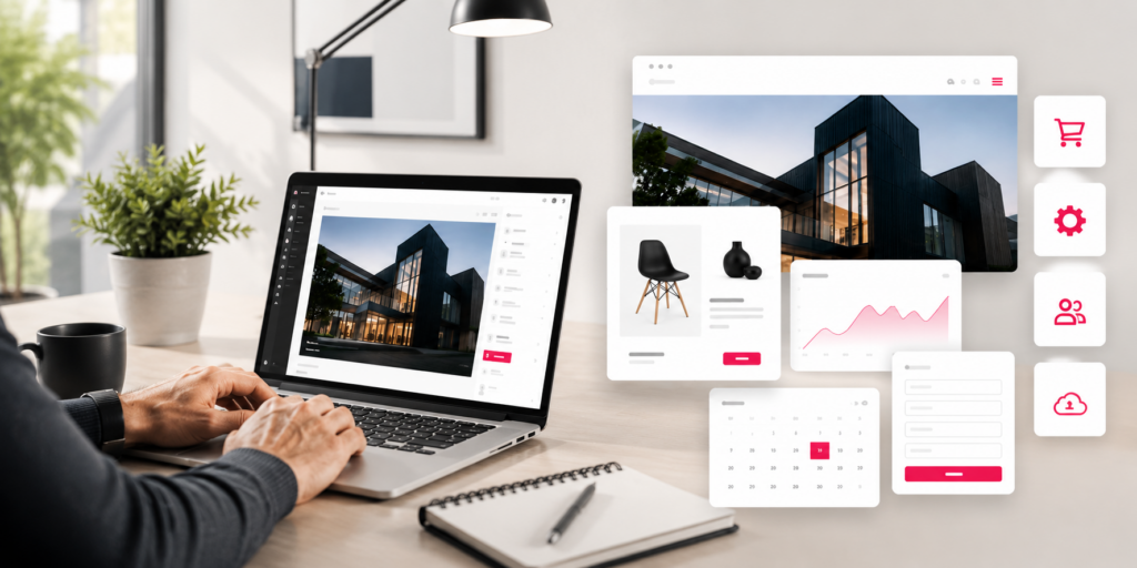 Bright workspace with custom website functionality cards for ecommerce, analytics, bookings and content management