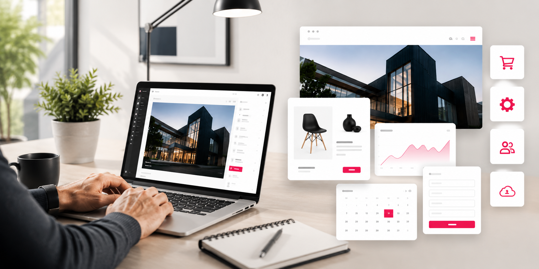 Bright workspace with custom website functionality cards for ecommerce, analytics, bookings and content management