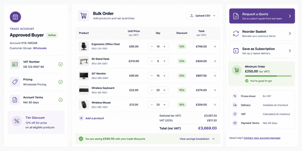 B2B wholesale ecommerce dashboard with trade pricing and bulk ordering
