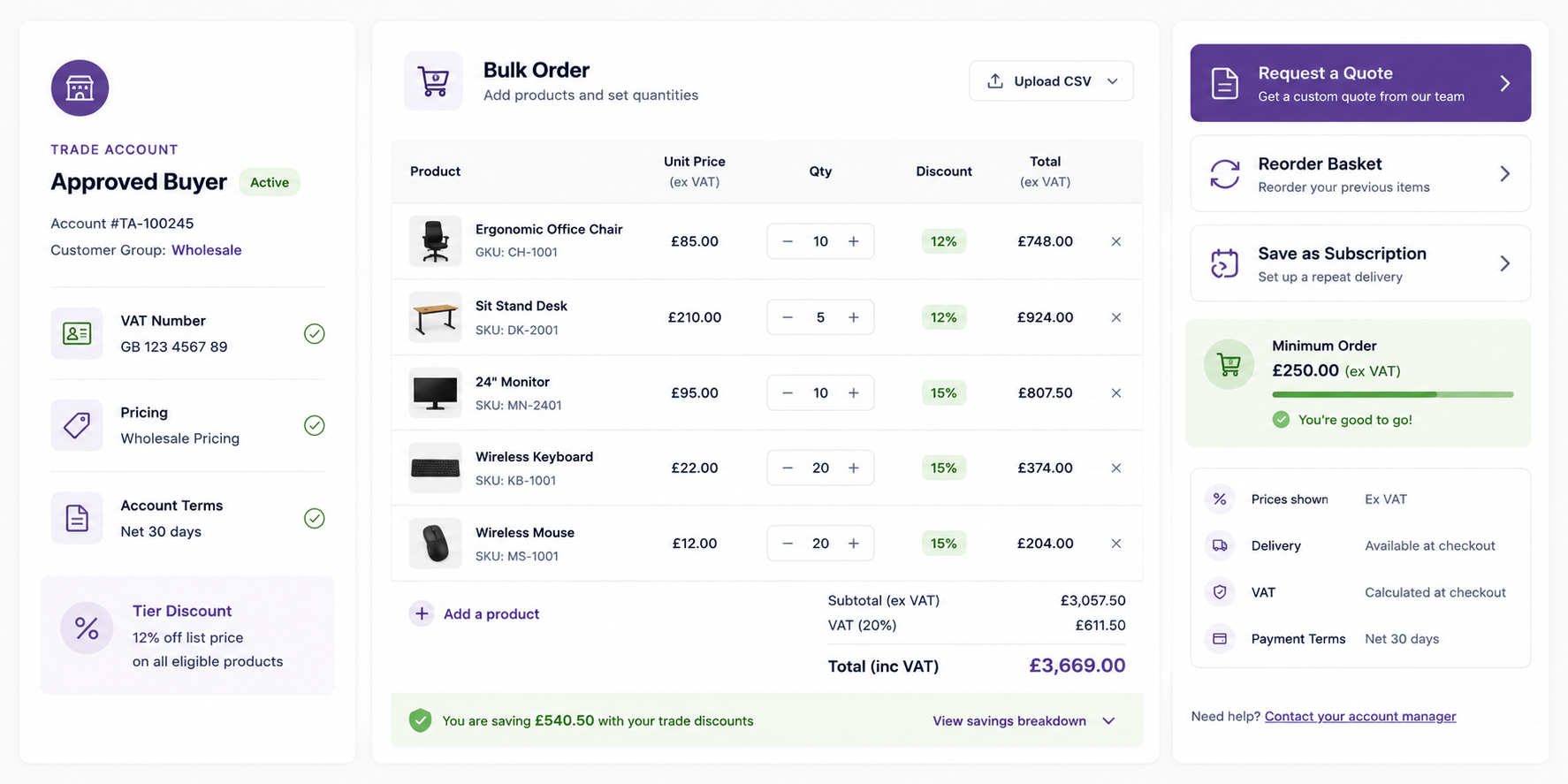 B2B wholesale ecommerce dashboard with trade pricing and bulk ordering