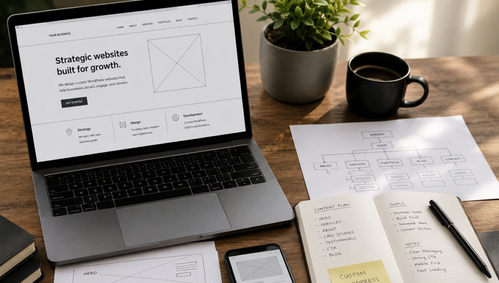 Website planning with wireframes, content structure and strategy notes