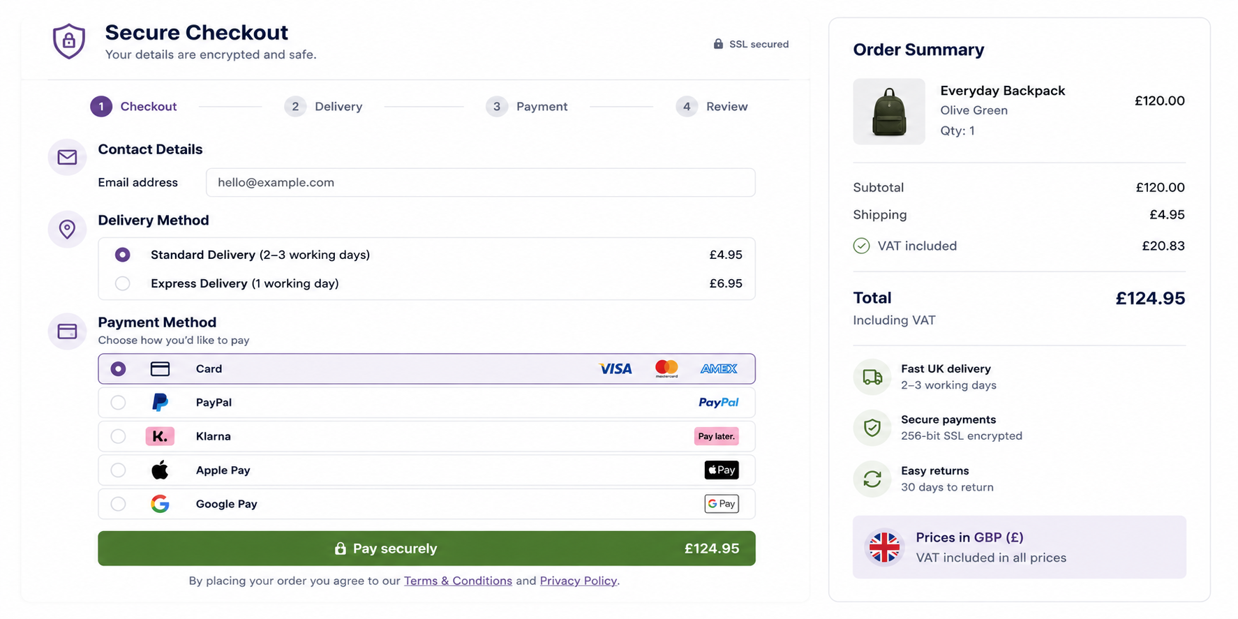 UK ecommerce checkout with card, PayPal, Klarna, Apple Pay and Google Pay options