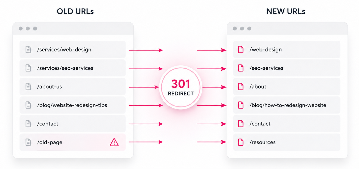 301 redirect map showing old website URLs being redirected to new URLs during a redesign