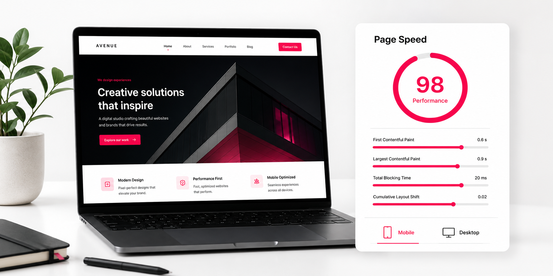 Website performance dashboard showing page speed, mobile usability and Core Web Vitals beside a modern website design