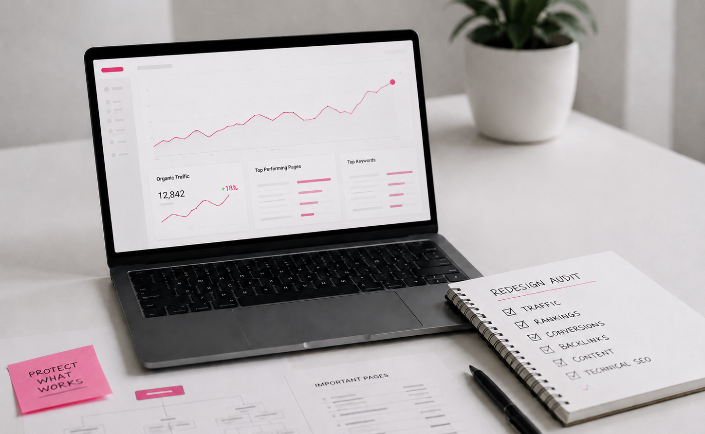 SEO audit workspace with analytics, organic traffic data, redesign checklist and important page notes