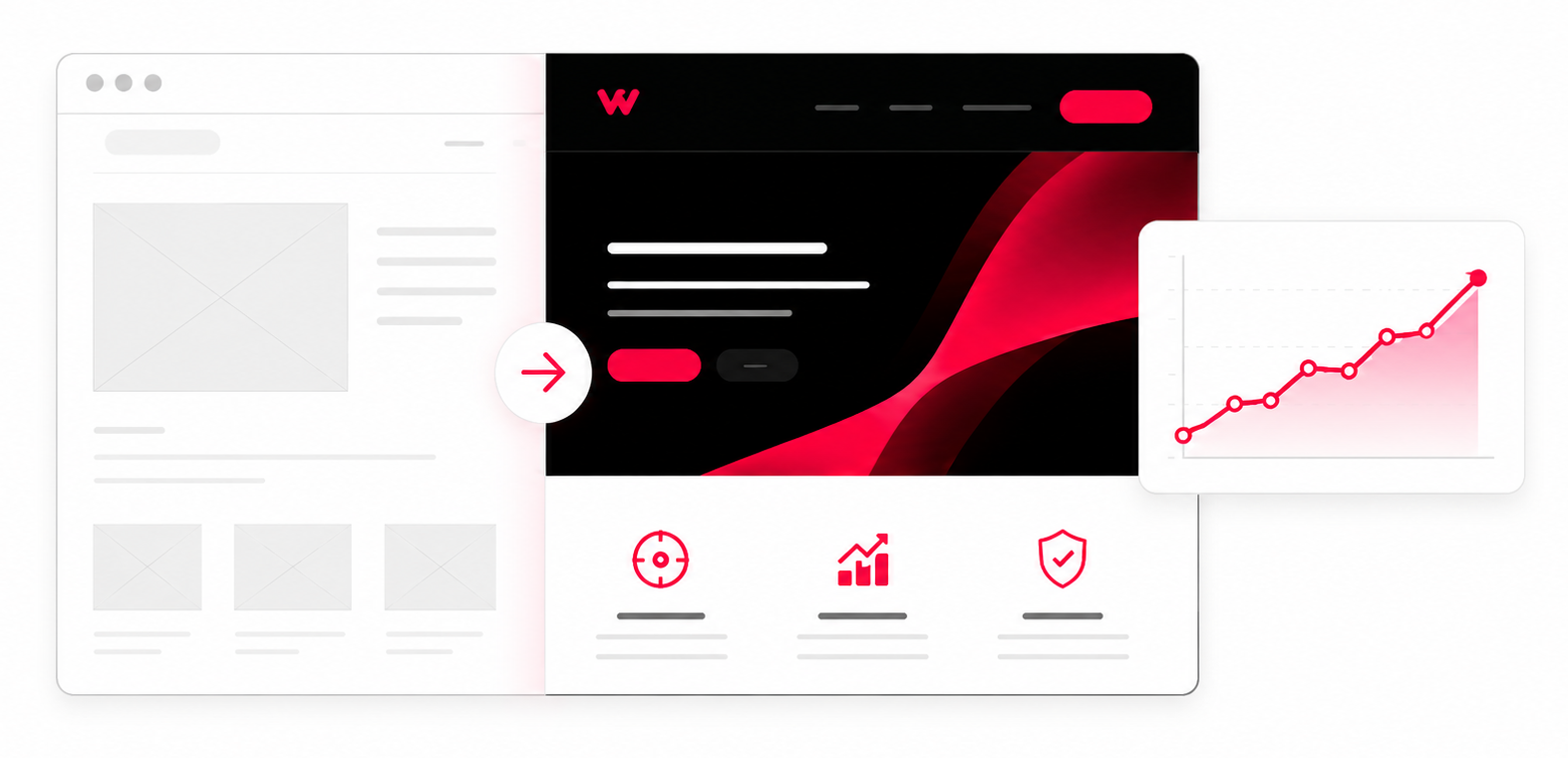 Website redesign concept showing an old wireframe becoming a modern website with an SEO growth chart