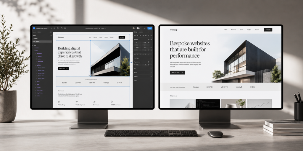 Bespoke website design shown beside a finished high-end website preview
