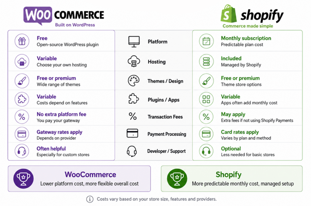 WooCommerce vs Shopify pricing comparison graphic for UK ecommerce businesses
