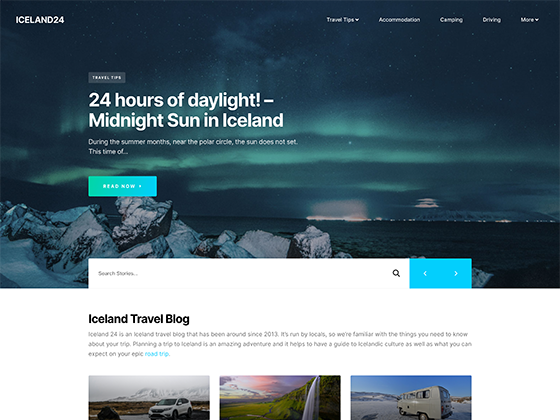 Travel blog page design with animated northern lights hero design