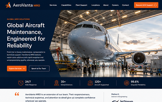 Aerospace service page design for aircraft maintenance company