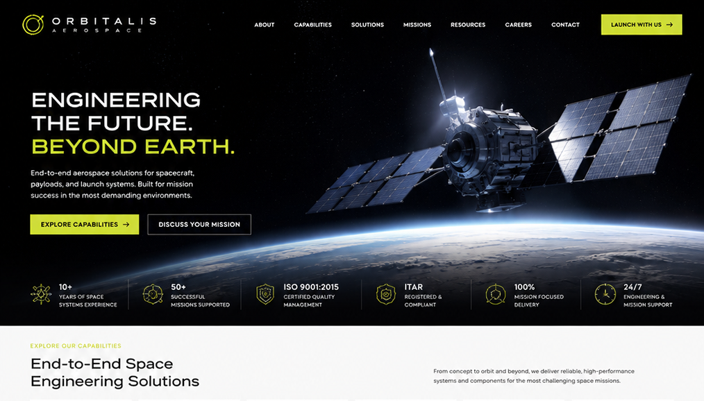 Aerospace home page design with space and satellite programme photography