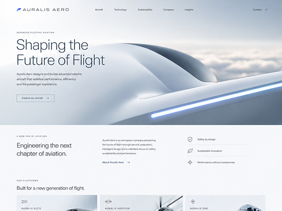 Aerospace manufacturer landing page design with minimalist design and polished graphics
