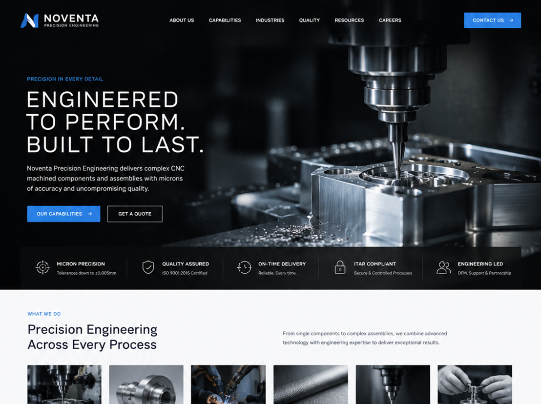 Aerospace for precision engineering website with technical photos, CTA buttons and process