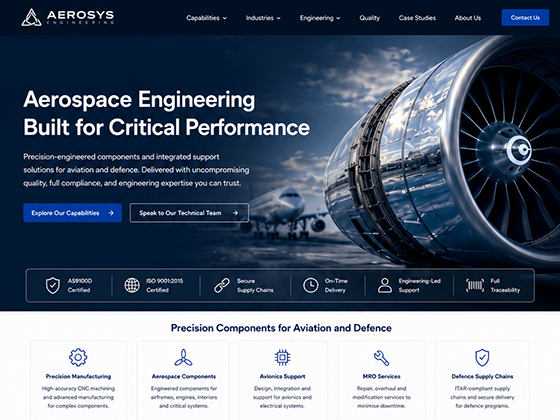 Aerospace supply chain service page design with service grid and sticky header