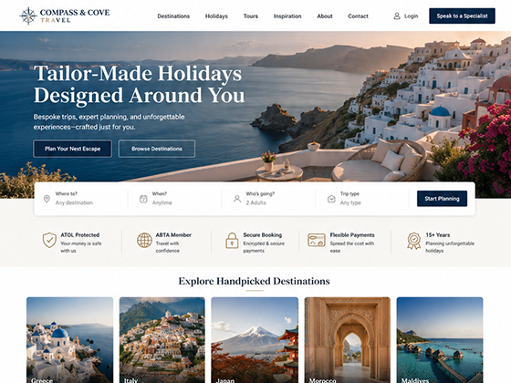 Bespoke travel company page design with conversion-focused hero section and travel search
