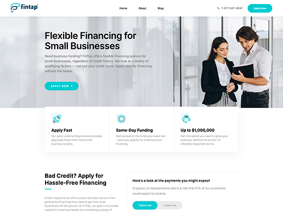 Small business finance website design with clean hero, apply now CTA by Webpop Design
