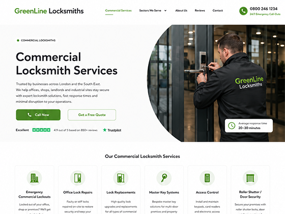 Commercial locksmith service page layout with Trustpilot widget