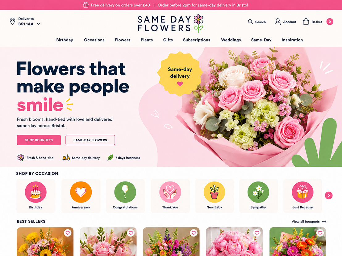Ecommerce page design mockup for same day florist with bright colours and photography