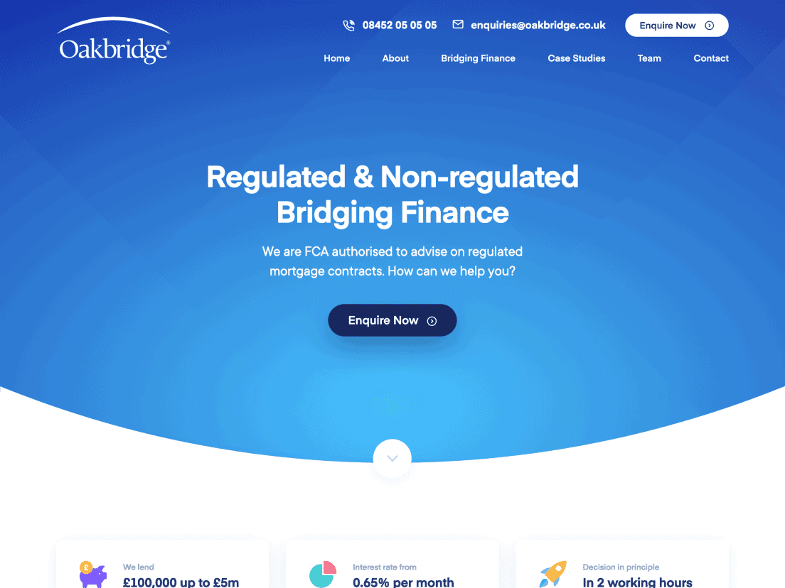 Bespoke website design for Oakbridge, a bridging finance company