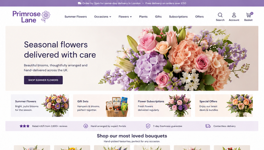 Florist landing page design with CTA buttons and colourful bouquet of flowers photo