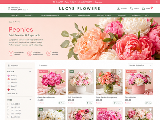 Flower shop web page design with sharp photography and product filters