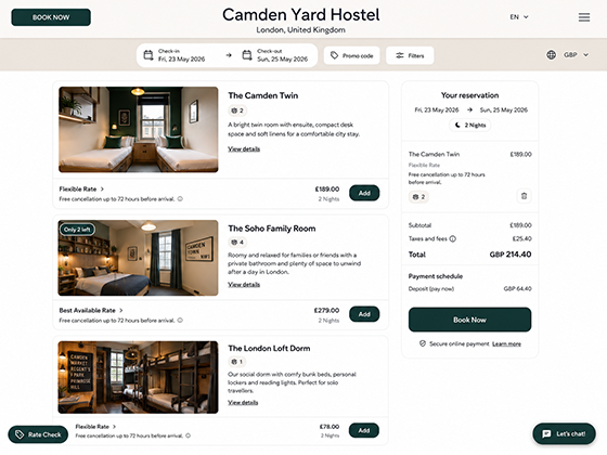 Hostel booking page design for Independent Hostel showing room options, filters and reservation summary
