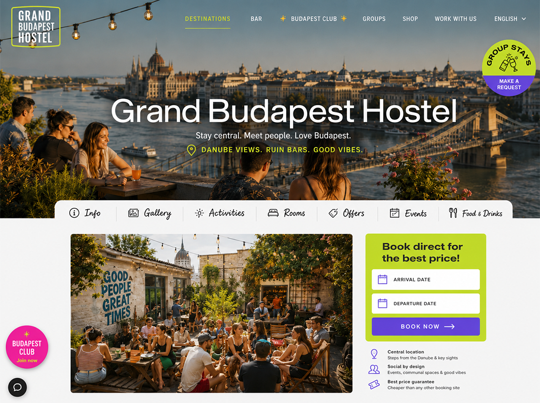 Hostel destinations page design with gallery, events and bookings