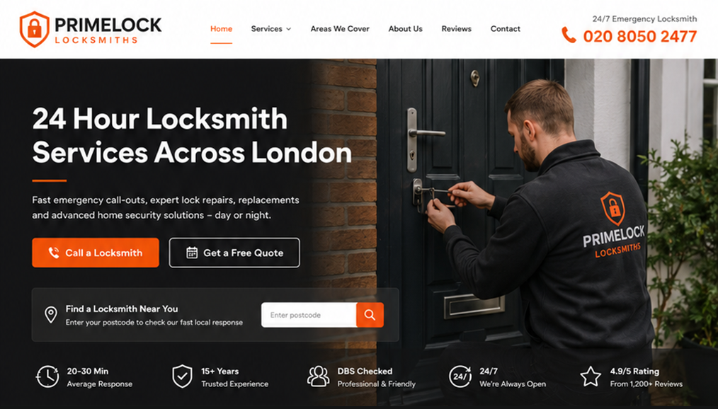 Locksmith home page design with hero section and postcode checker